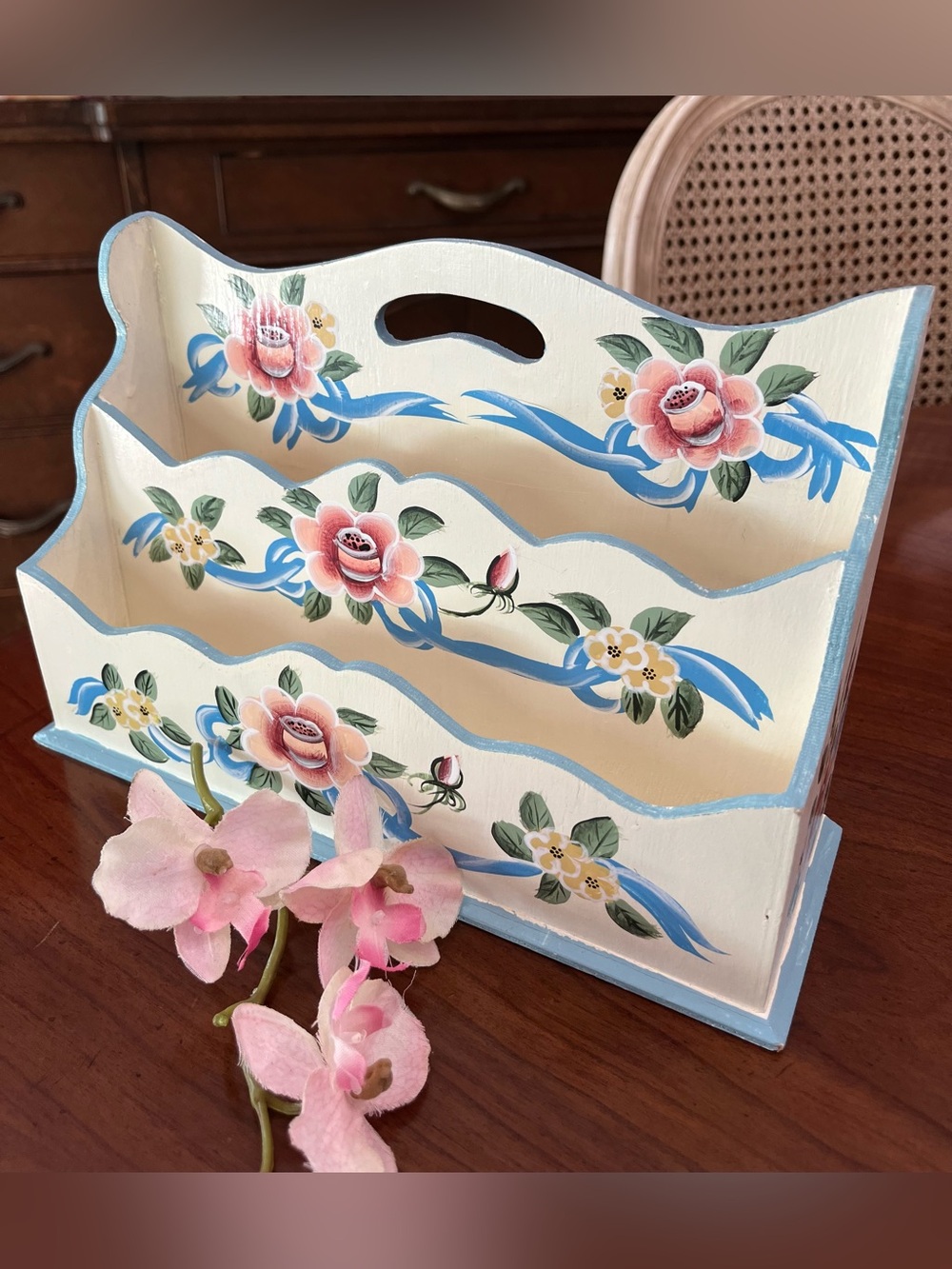 Vintage Hand-Painted Wooden Mail Organizer Shabby Chic Floral Letter Holder Sort